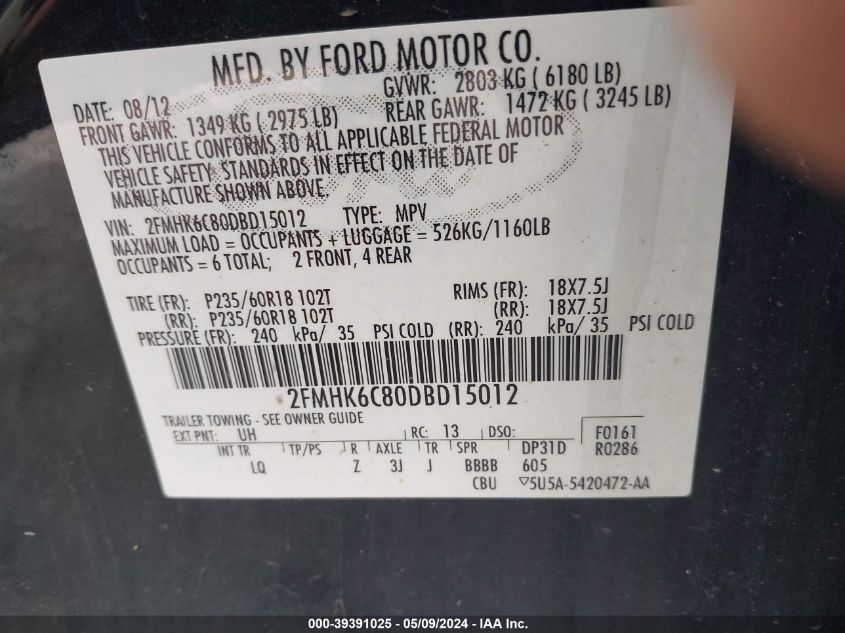 2013 Ford Flex Sel VIN: 2FMHK6C80DBD15012 Lot: 39391025