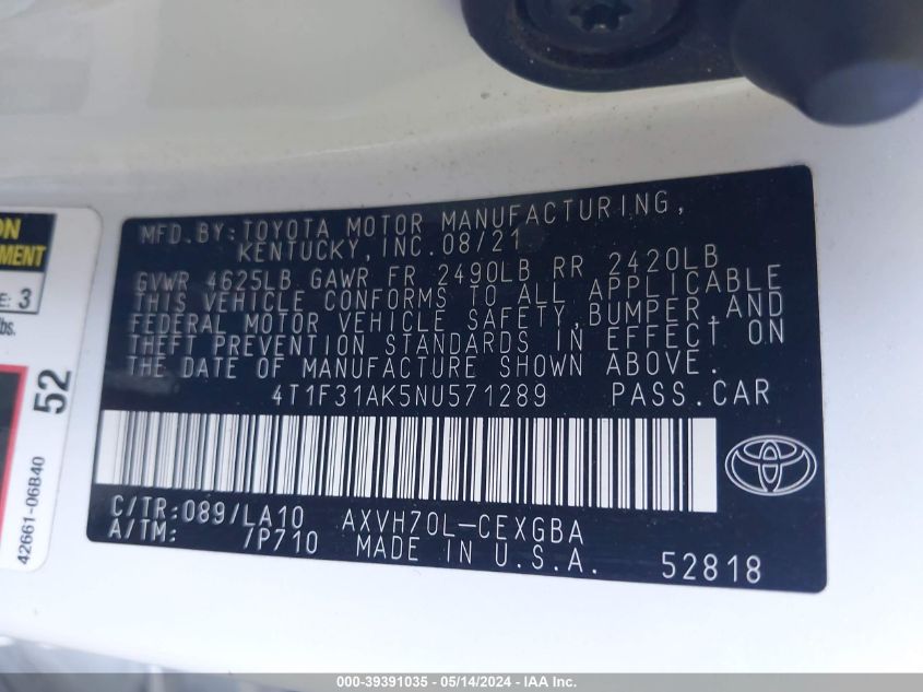 2022 Toyota Camry Xle Hybrid VIN: 4T1F31AK5NU571289 Lot: 39391035