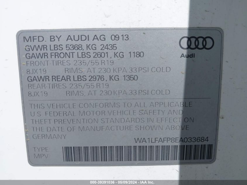 2014 Audi Q5 2.0T Premium VIN: WA1LFAFP8EA033684 Lot: 39391036