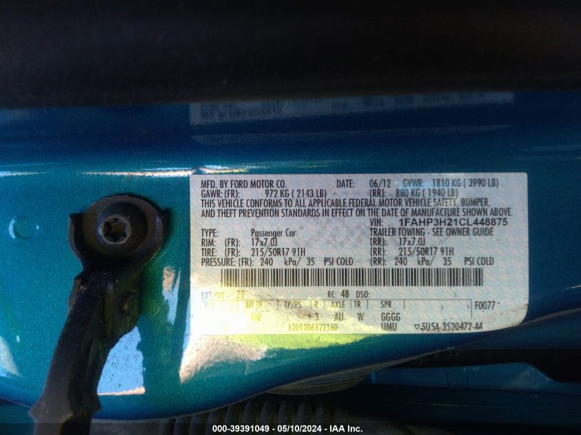 2012 Ford Focus Sel VIN: 1FAHP3H21CL448875 Lot: 39391049