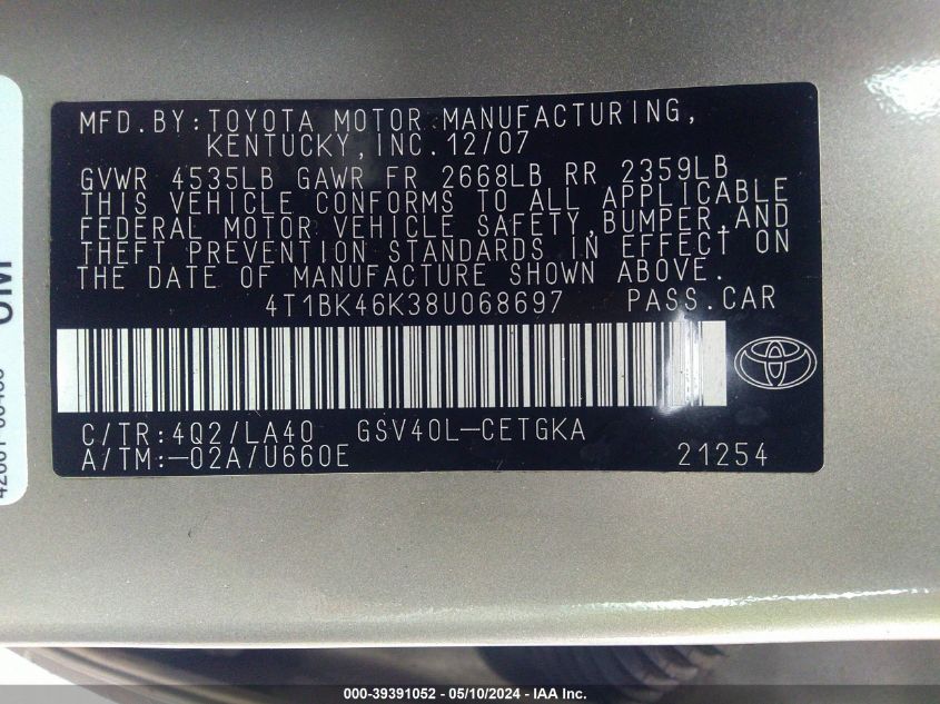 2008 Toyota Camry Xle V6 VIN: 4T1BK46K38U068697 Lot: 39391052