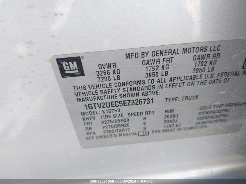 2014 GMC Sierra 1500 Sle VIN: 1GTV2UEC5EZ326731 Lot: 39391058