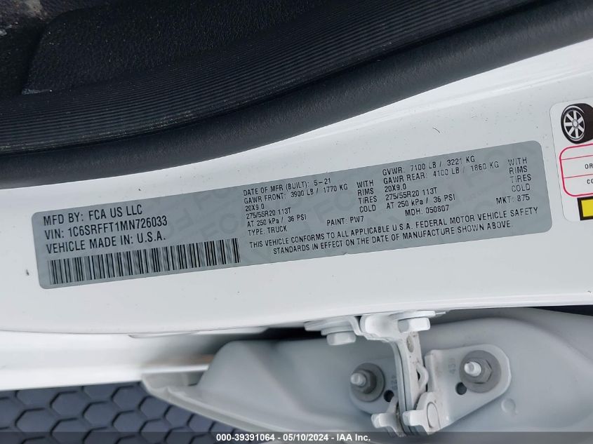 2021 Ram 1500 Big Horn 4X4 5'7 Box VIN: 1C6SRFFT1MN726033 Lot: 39391064