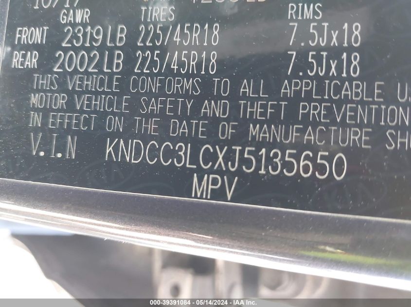 2018 Kia Niro Ex VIN: KNDCC3LCXJ5135650 Lot: 39391084