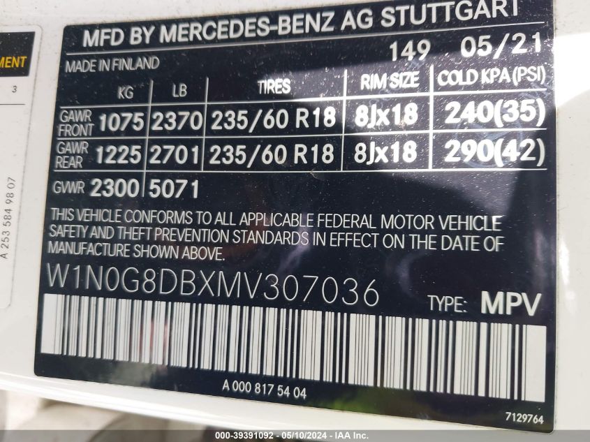 2021 Mercedes-Benz Glc 300 Suv VIN: W1N0G8DBXMV307036 Lot: 39391092