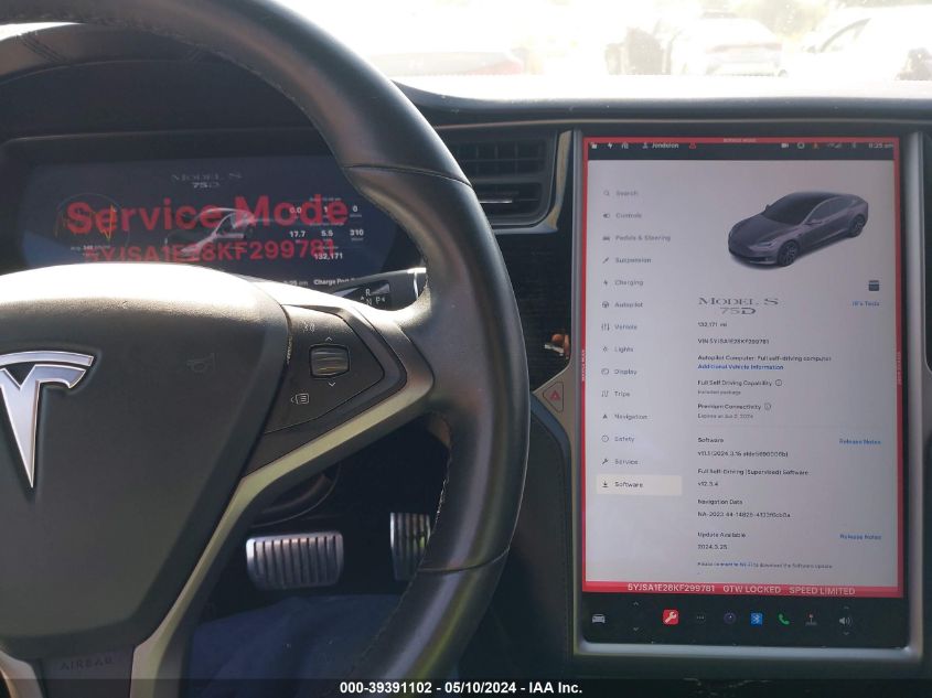 2019 Tesla Model S 100D/75D/Long Range/Standard Range VIN: 5YJSA1E28KF299781 Lot: 39391102