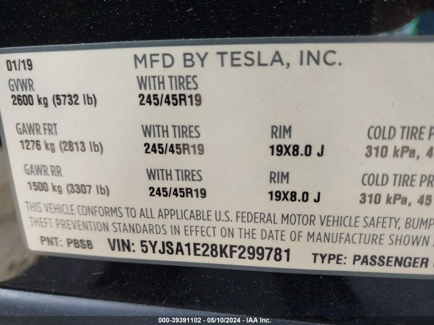 2019 Tesla Model S 100D/75D/Long Range/Standard Range VIN: 5YJSA1E28KF299781 Lot: 39391102