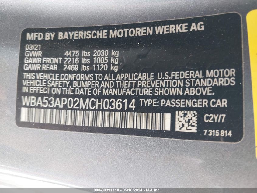 2021 BMW 430I VIN: WBA53AP02MCH03614 Lot: 39391118