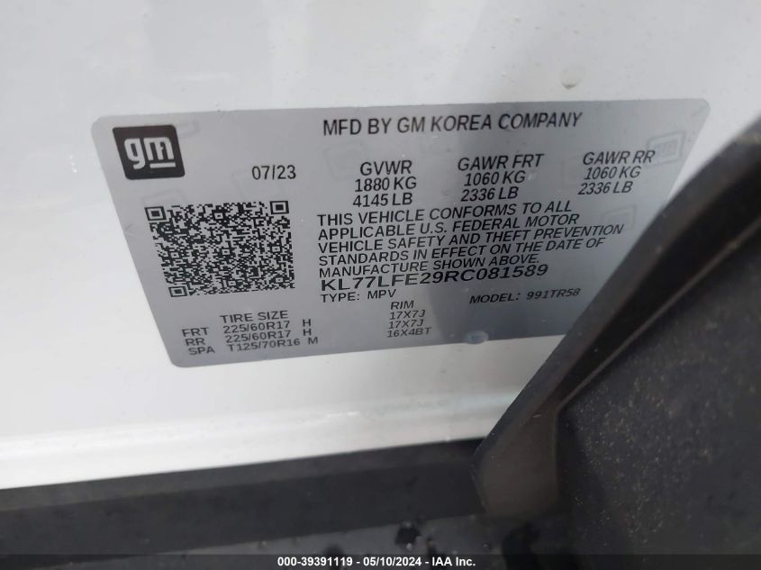 2024 Chevrolet Trax Fwd Sp VIN: KL77LFE29RC081589 Lot: 39391119