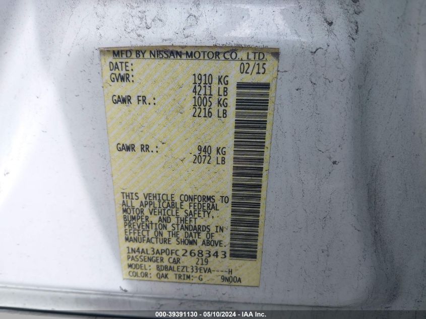 2015 Nissan Altima 2.5 S VIN: 1N4AL3AP0FC268343 Lot: 39391130