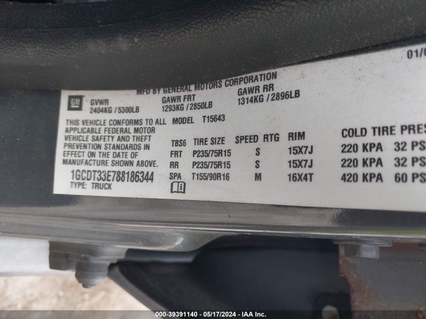 2008 Chevrolet Colorado Lt VIN: 1GCDT33E788186344 Lot: 39391140