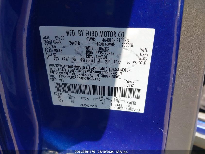 2006 Ford Escape Xlt/Xlt Sport VIN: 1FMYU93116KB08975 Lot: 39391176