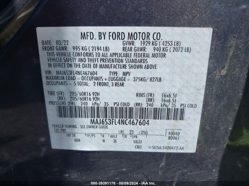 2022 Ford Ecosport S VIN: MAJ6S3FL4NC467604 Lot: 39391178