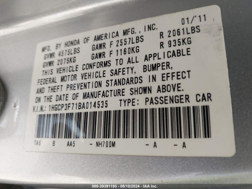 2011 Honda Accord 3.5 Ex VIN: 1HGCP3F71BA014535 Lot: 39391193