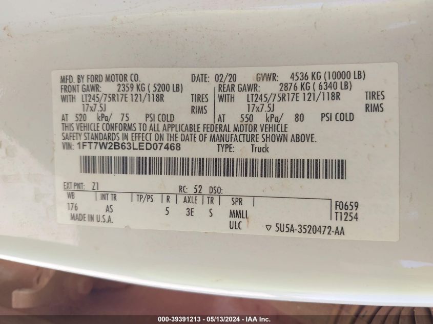 2020 Ford F-250 Xl VIN: 1FT7W2B63LED07468 Lot: 39391213
