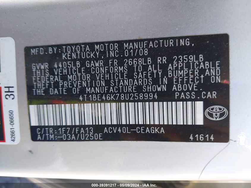 2008 Toyota Camry Xle VIN: 4T1BE46K78U258994 Lot: 39391217