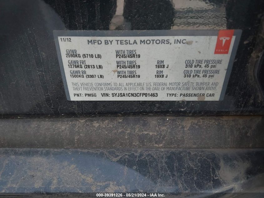 2012 Tesla Model S Signature VIN: 5YJSA1CN3CFP01463 Lot: 39391226