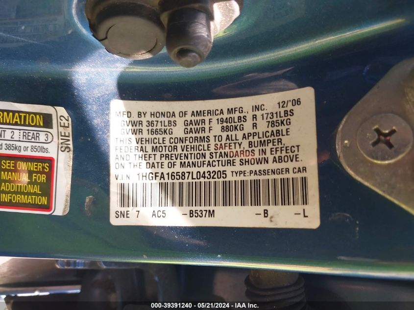 2007 Honda Civic Lx VIN: 1HGFA16587L043205 Lot: 39391240