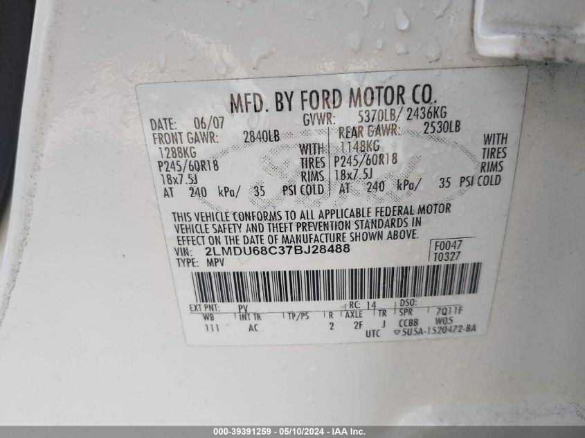 2007 Lincoln Mkx VIN: 2LMDU68C37BJ28488 Lot: 39391259