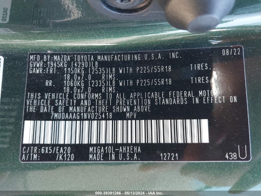 2022 Toyota Corolla Cross Xle VIN: 7MUDAAAG1NV025418 Lot: 39391266