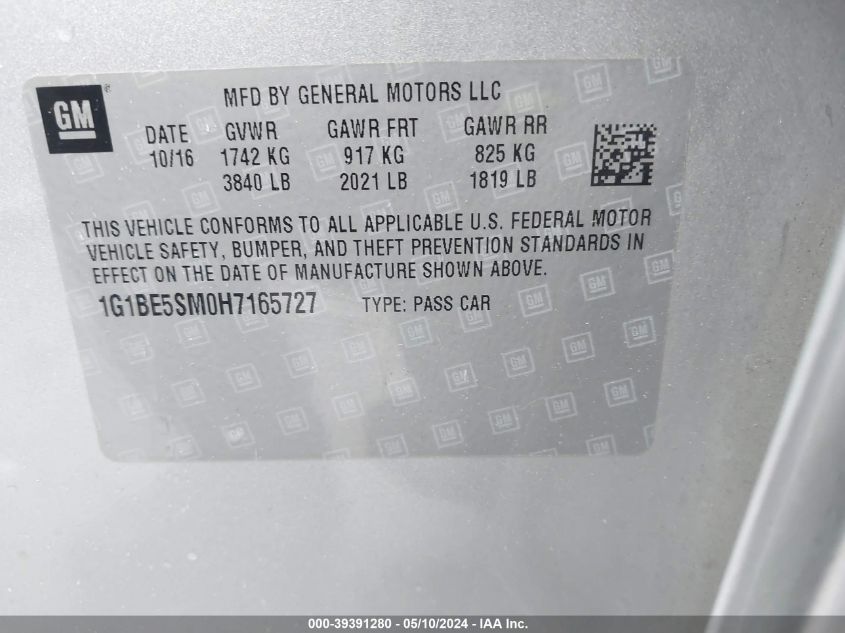 2017 Chevrolet Cruze Lt Auto VIN: 1G1BE5SM0H7165727 Lot: 39391280