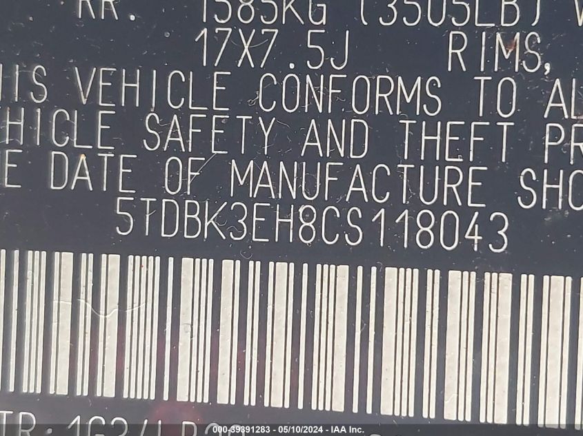 2012 Toyota Highlander Se V6 VIN: 5TDBK3EH8CS118043 Lot: 39391283