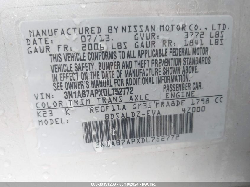 2013 Nissan Sentra Sv VIN: 3N1AB7APXDL752772 Lot: 39391289