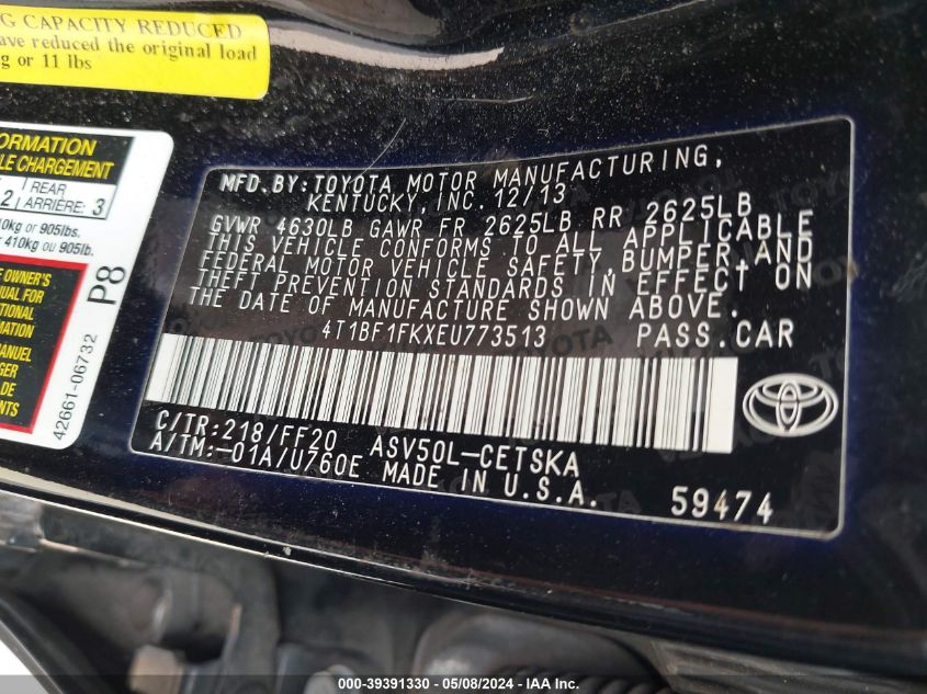 2014 Toyota Camry Se Sport VIN: 4T1BF1FKXEU773513 Lot: 39391330