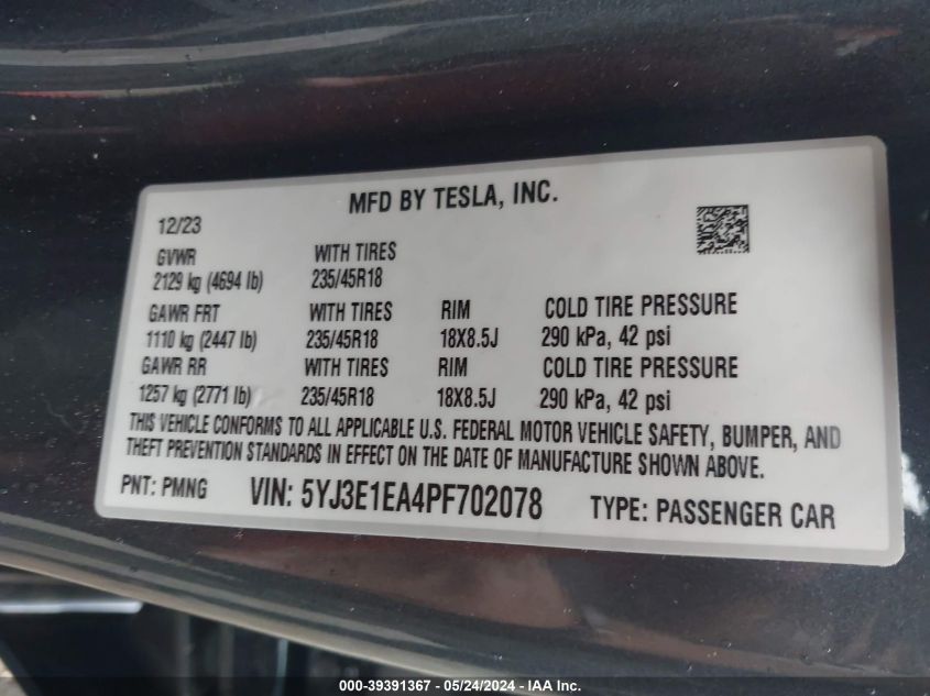 2023 TESLA MODEL 3 REAR-WHEEL DRIVE - 5YJ3E1EA4PF702078