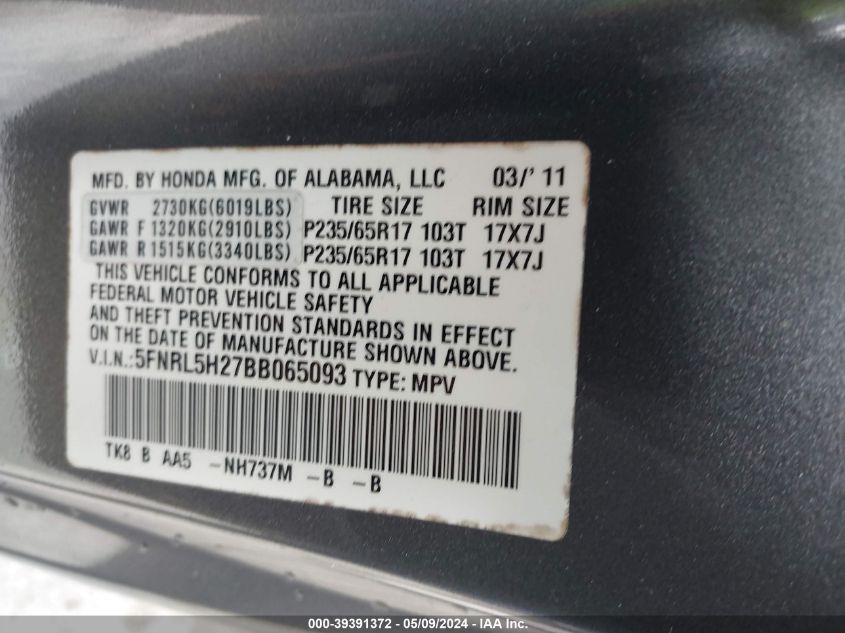 2011 Honda Odyssey Lx VIN: 5FNRL5H27BB065093 Lot: 39391372