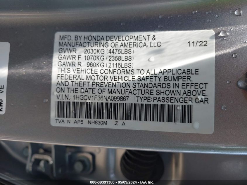 2022 Honda Accord Sport VIN: 1HGCV1F36NA099867 Lot: 39391380