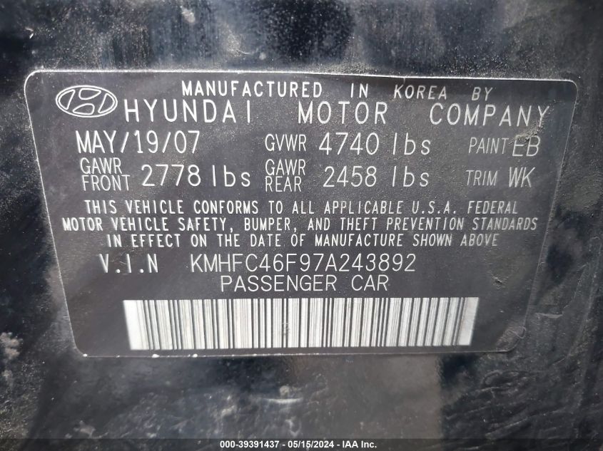 2007 Hyundai Azera VIN: KMHFC46F97A243892 Lot: 39391437