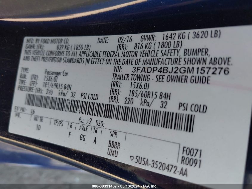 2016 Ford Fiesta Se VIN: 3FADP4BJ2GM157276 Lot: 39391467