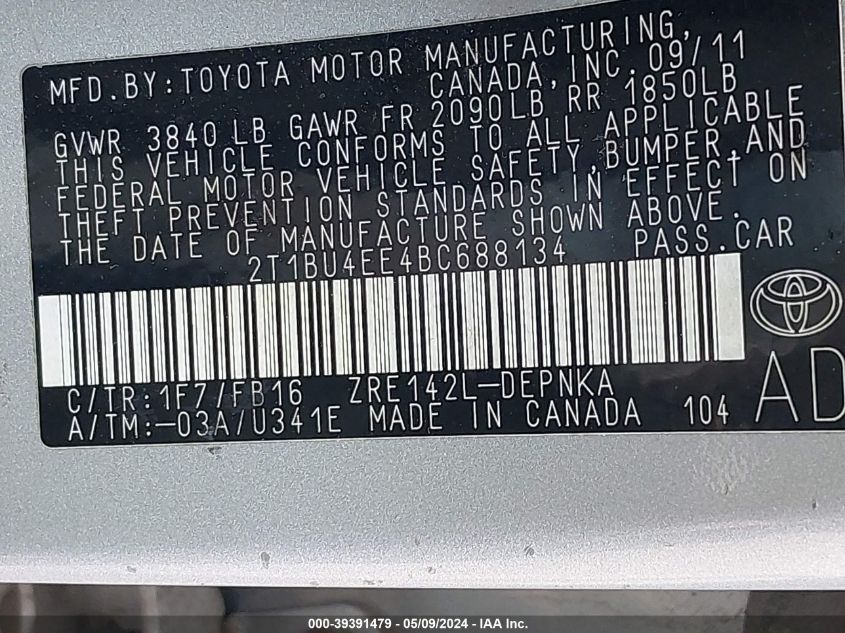 2011 Toyota Corolla Le VIN: 2T1BU4EE4BC688134 Lot: 39391479