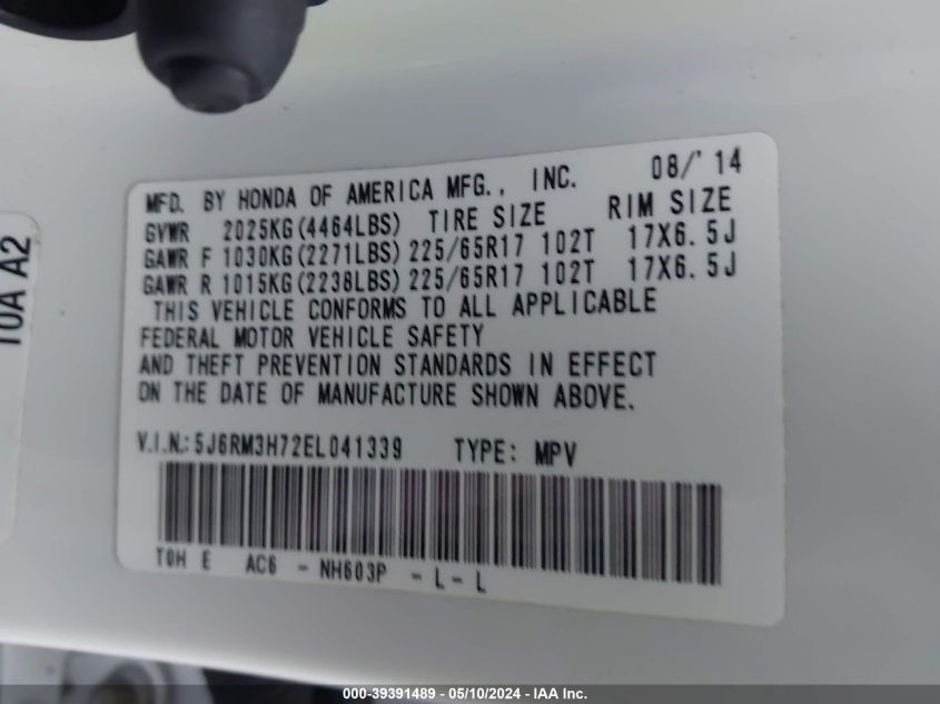 2014 Honda Cr-V Ex-L VIN: 5J6RM3H72EL041339 Lot: 39391489