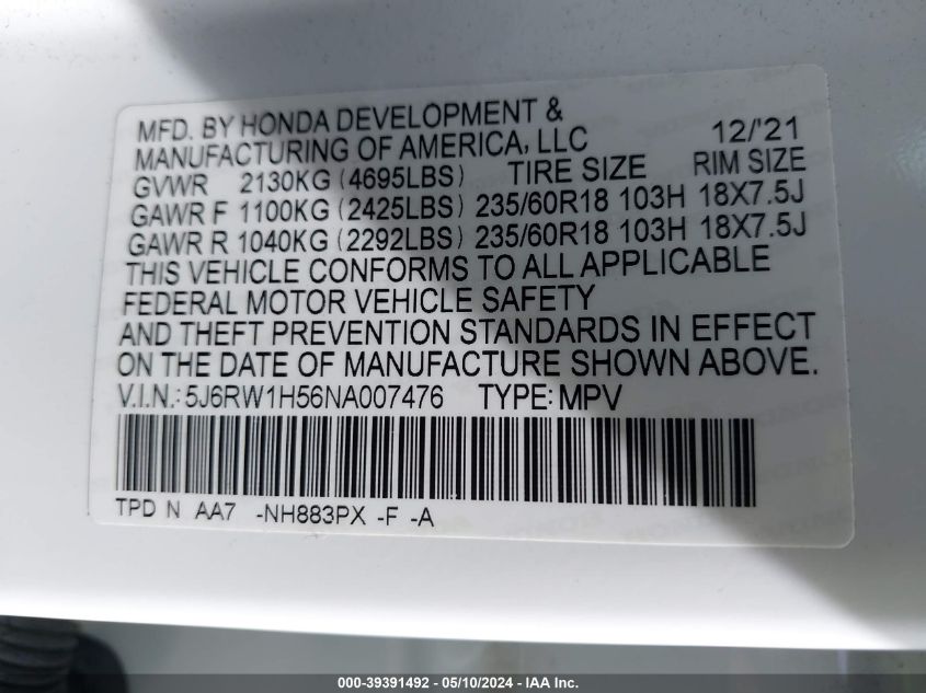 2022 Honda Cr-V 2Wd Ex VIN: 5J6RW1H56NA007476 Lot: 39391492