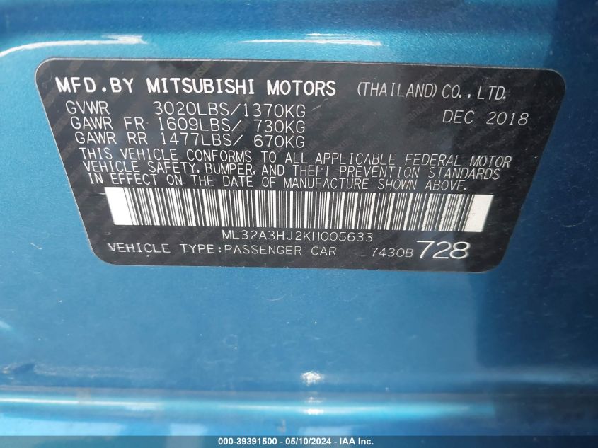 2019 Mitsubishi Mirage Rf VIN: ML32A3HJ2KH005633 Lot: 39391500