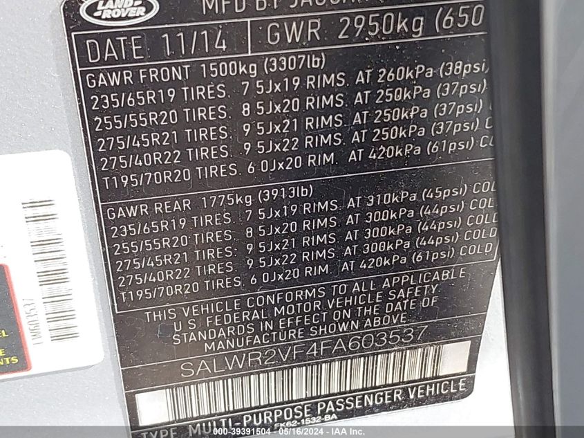 2015 Land Rover Range Rover Sport Sc VIN: SALWR2VF4FA603537 Lot: 39391504