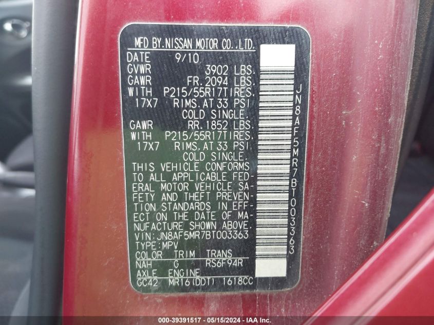 2011 Nissan Juke Sv VIN: JN8AF5MR7BT003363 Lot: 39391517