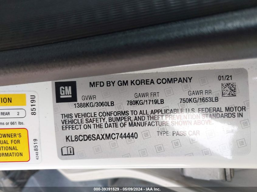 2021 Chevrolet Spark Fwd 1Lt Automatic VIN: KL8CD6SAXMC744440 Lot: 39391529