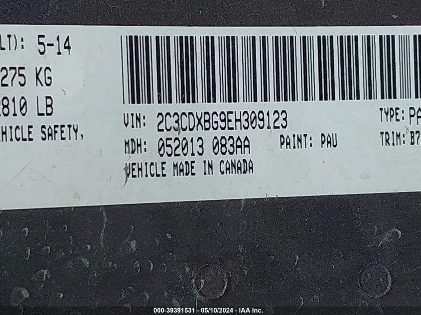 2014 Dodge Charger Se VIN: 2C3CDXBG9EH309123 Lot: 39391531