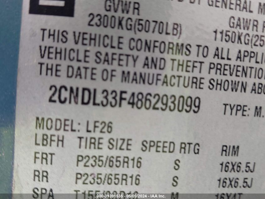 2008 Chevrolet Equinox Lt VIN: 2CNDL33F486293099 Lot: 39391535