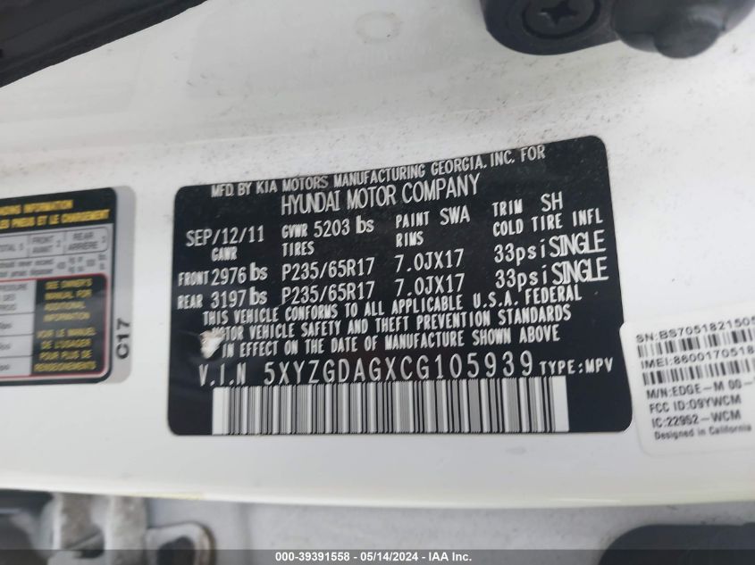 2012 Hyundai Santa Fe Gls V6 VIN: 5XYZGDAGXCG105939 Lot: 39391558