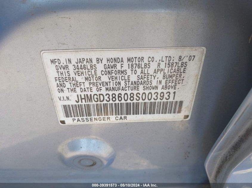 2008 Honda Fit Sport VIN: JHMGD38608S003931 Lot: 39391573