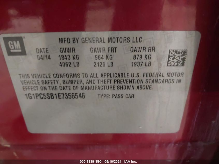 2014 Chevrolet Cruze 1Lt Auto VIN: 1G1PC5SB1E7356546 Lot: 39391590