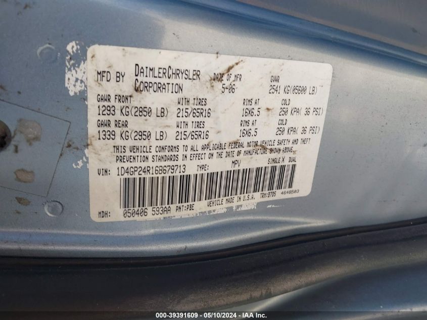 2006 Dodge Grand Caravan Se VIN: 1D4GP24R16B679713 Lot: 39391609