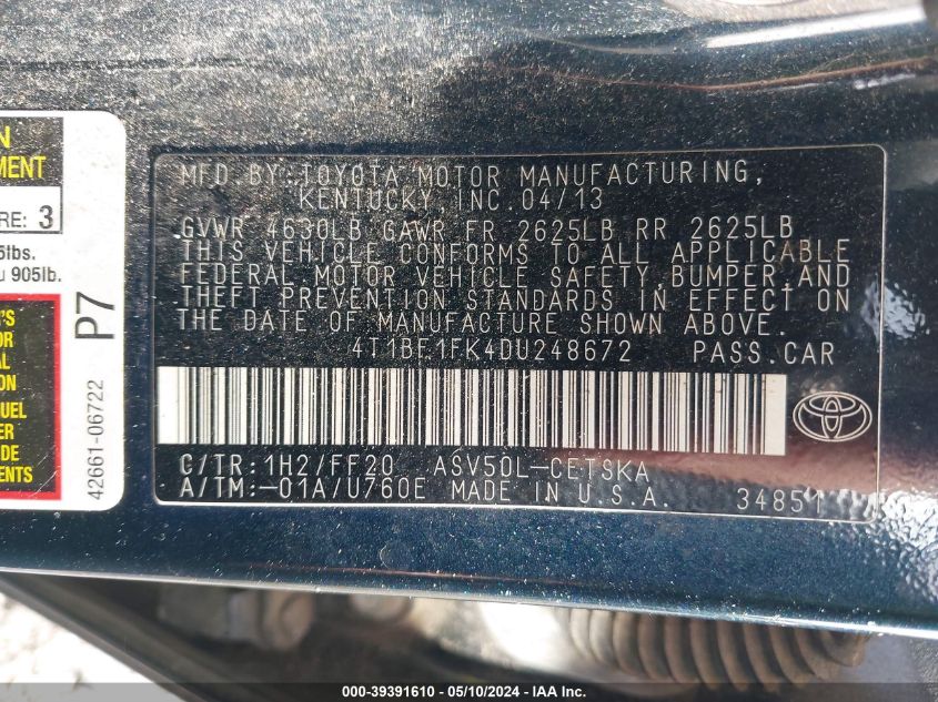 2013 Toyota Camry Se VIN: 4T1BF1FK4DU248672 Lot: 39391610