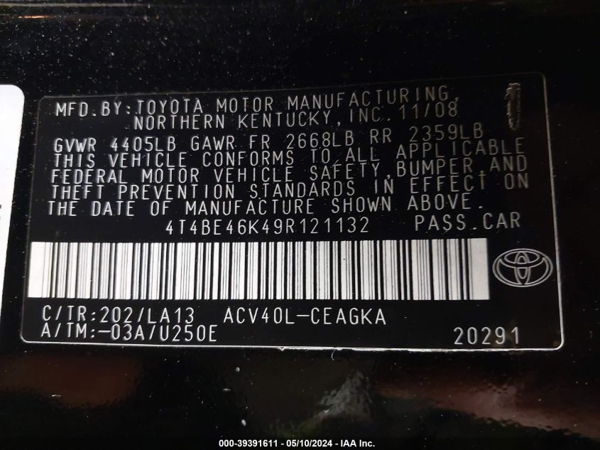 2009 Toyota Camry Xle VIN: 4T4BE46K49R121132 Lot: 39391611