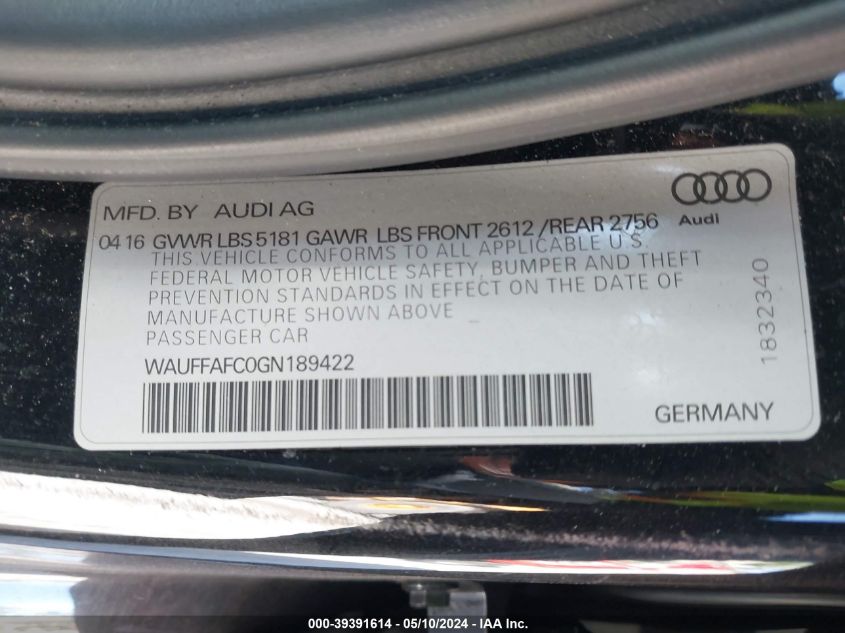 2016 AUDI A6 2.0T PREMIUM - WAUFFAFC0GN189422