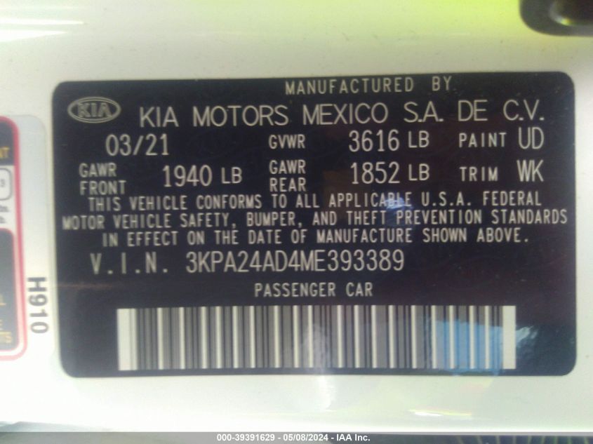 2021 Kia Rio S VIN: 3KPA24AD4ME393389 Lot: 39391629